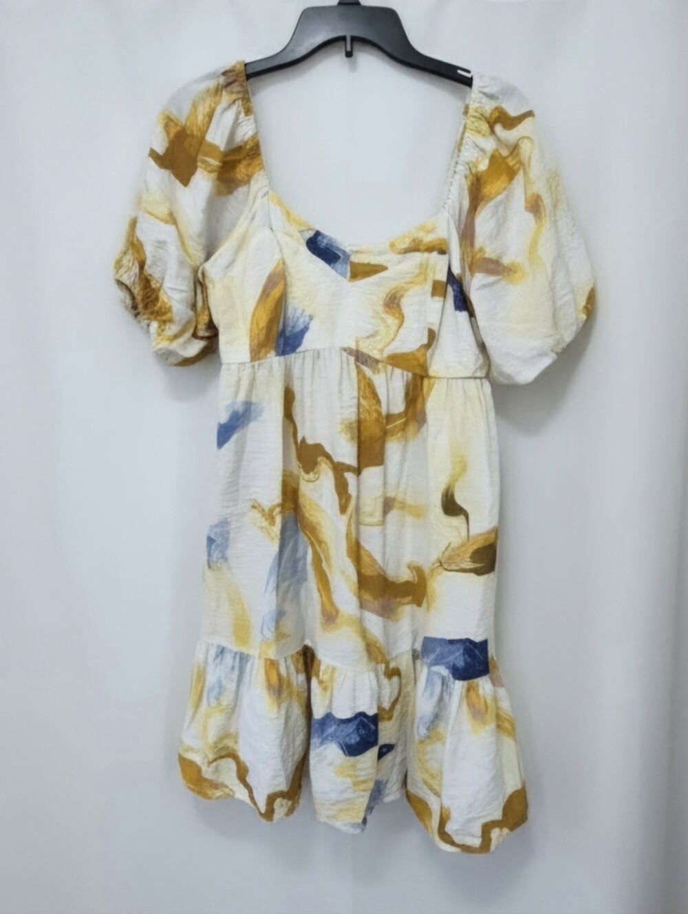 Nine West Abstract Yellow Blue Puff Sleeve Babydoll Dress Size Large.